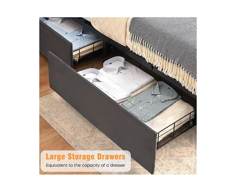 gaomon King Size Bed Frame with Charging Station and 4 Storage Drawers, Velvet Upholstered Tall Tufted Wingback Headboard and Storage Shelf, No Box Sp