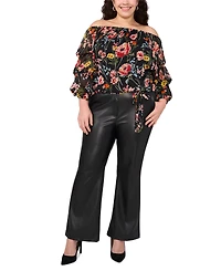 Vince Camuto Plus Size Floral Off-The-Shoulder Bubble 3/4-Sleeve Tie-Front Blouse