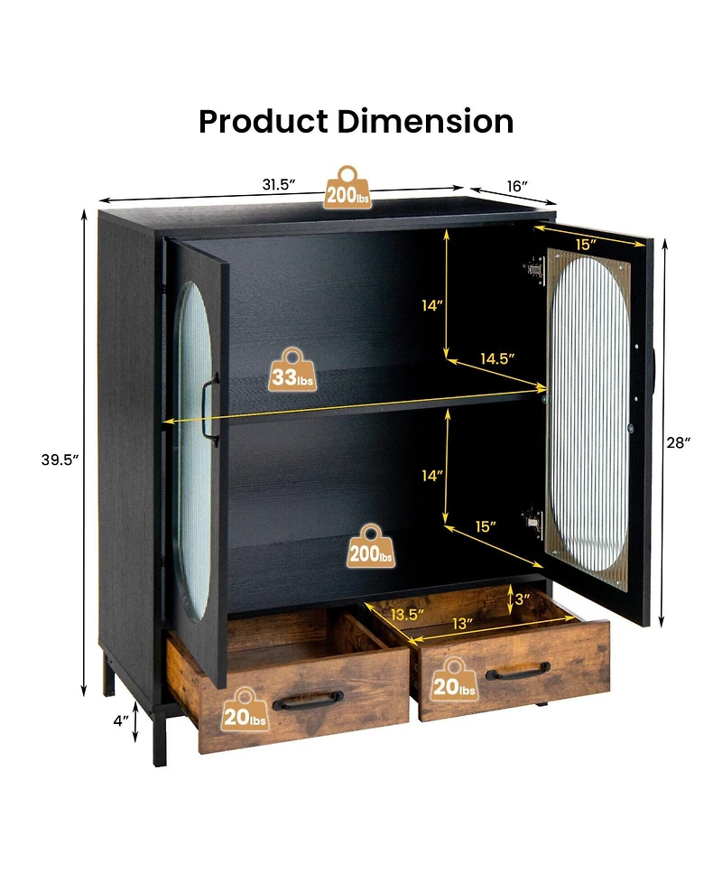 Gouun Kitchen Industrial Buffet Sideboard with Tempered Glass Doors