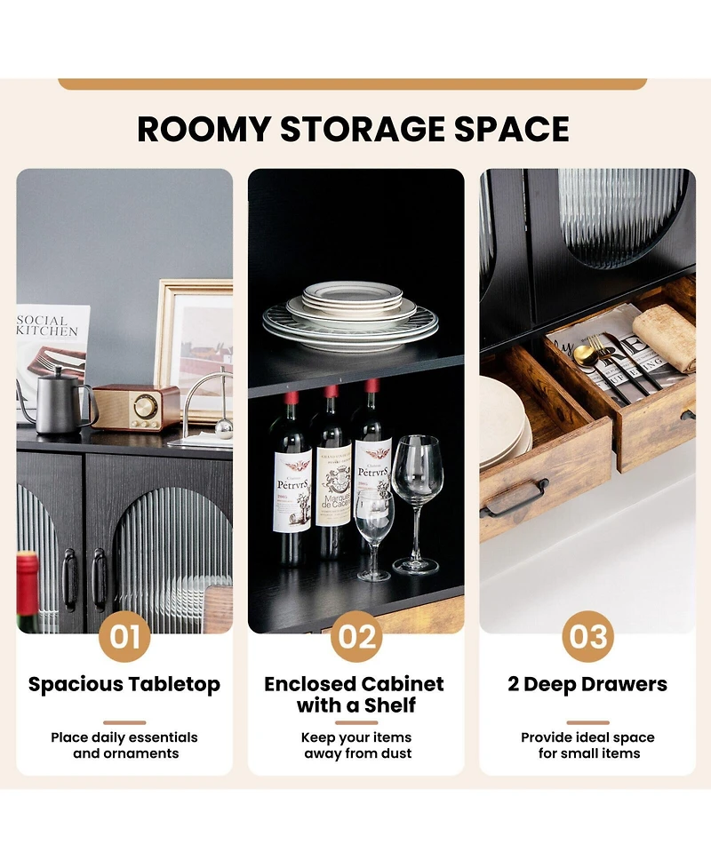 Gouun Kitchen Industrial Buffet Sideboard with Tempered Glass Doors