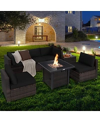 7PCS Patio Rattan Furniture Set Fire Pit Table Cover Glass Top Cushion