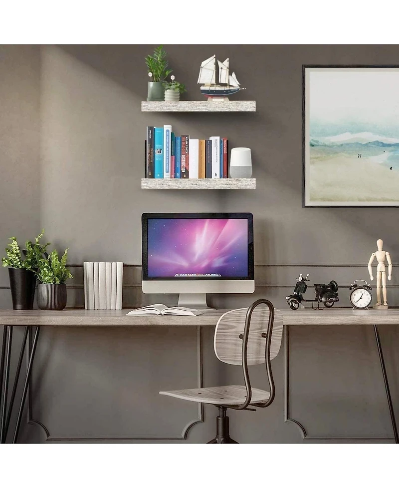 2 Pack 16 Inch Sorbus Coastal Rectangle Floating Shelves - for Home DAcor to Display Trophies, Books, Frames, and more (Rustic White)