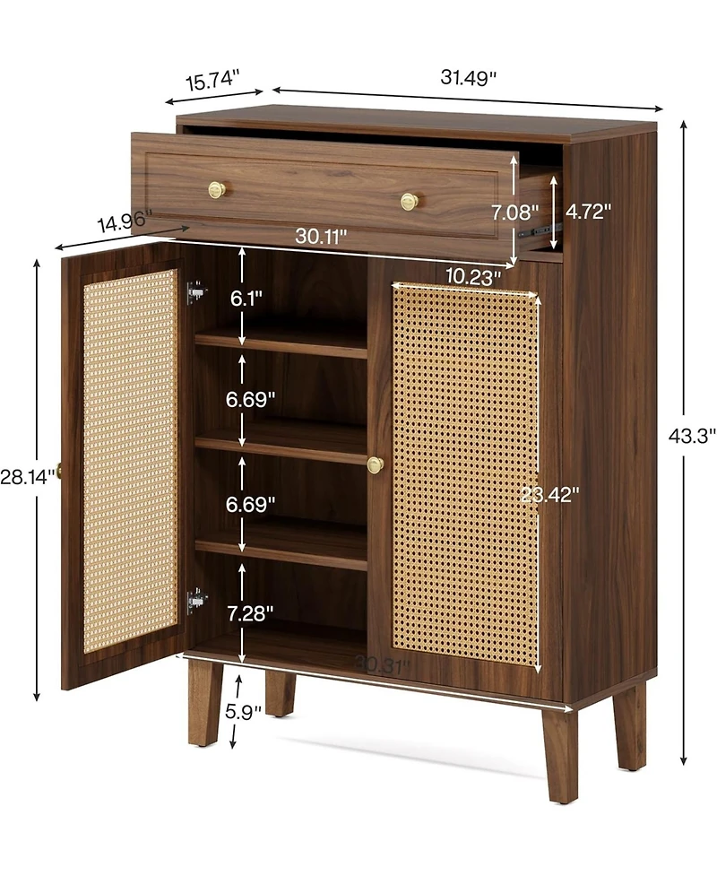 Tribesigns Shoe Cabinet with Doors and Drawer, Modern Shoe Storage Cabinet for Entryway, Rattan Wooden Shoe Organize with Adjustable Shelf