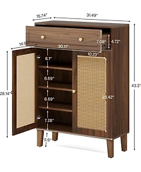 Tribesigns Shoe Cabinet with Doors and Drawer, Modern Shoe Storage Cabinet for Entryway, Rattan Wooden Shoe Organize with Adjustable Shelf