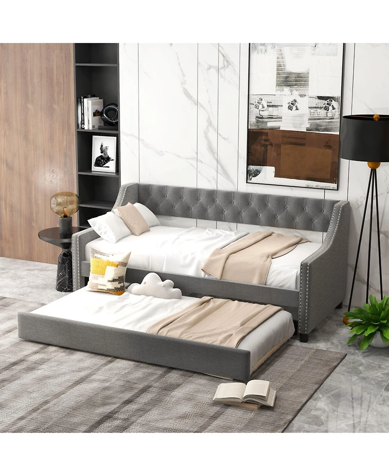 Twin Size Daybed with Trundle Sofa Bed with Curved Armrests and Backrest