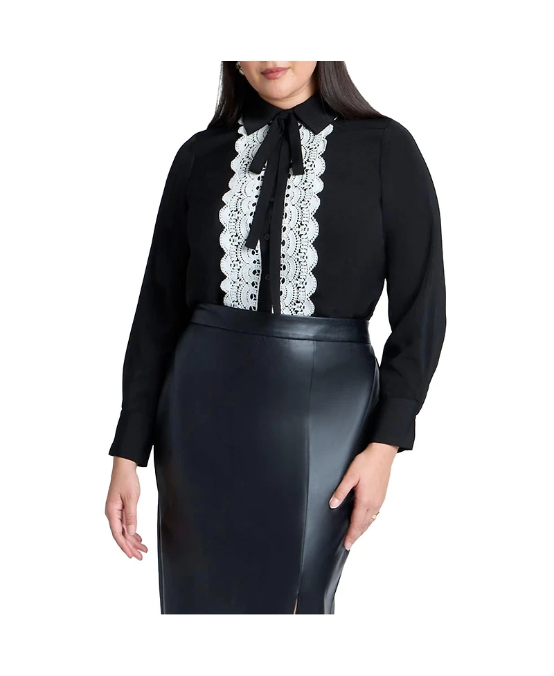 Eloquii Women's Collared Shirt With Lace-Trimmed Placket