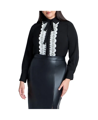 Eloquii Women's Collared Shirt With Lace-Trimmed Placket