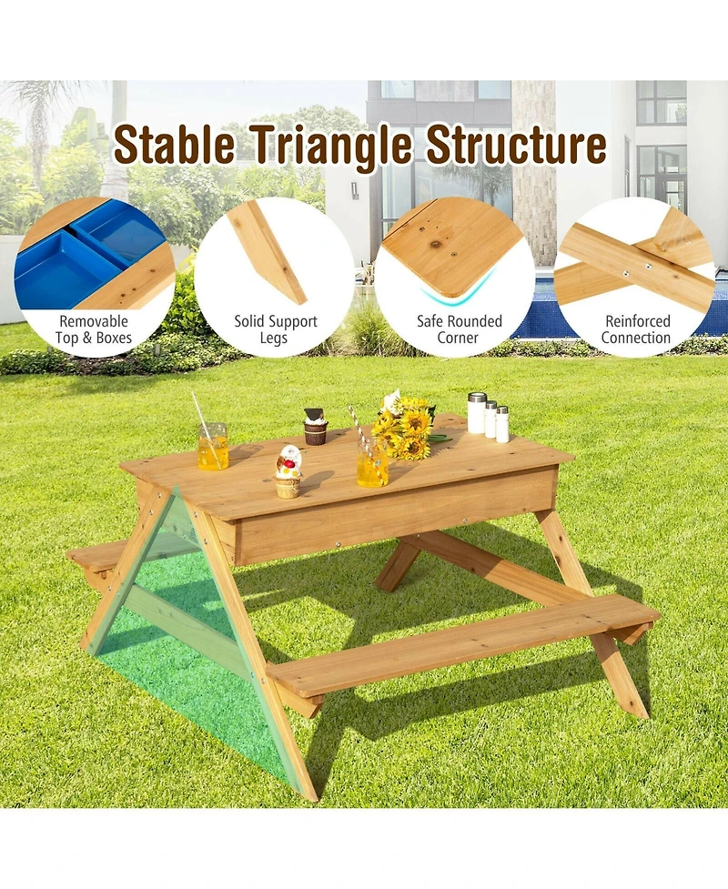 Gouun 3-in-1 Kids Picnic Table Wooden Outdoor Water Sand Table with Play Boxes
