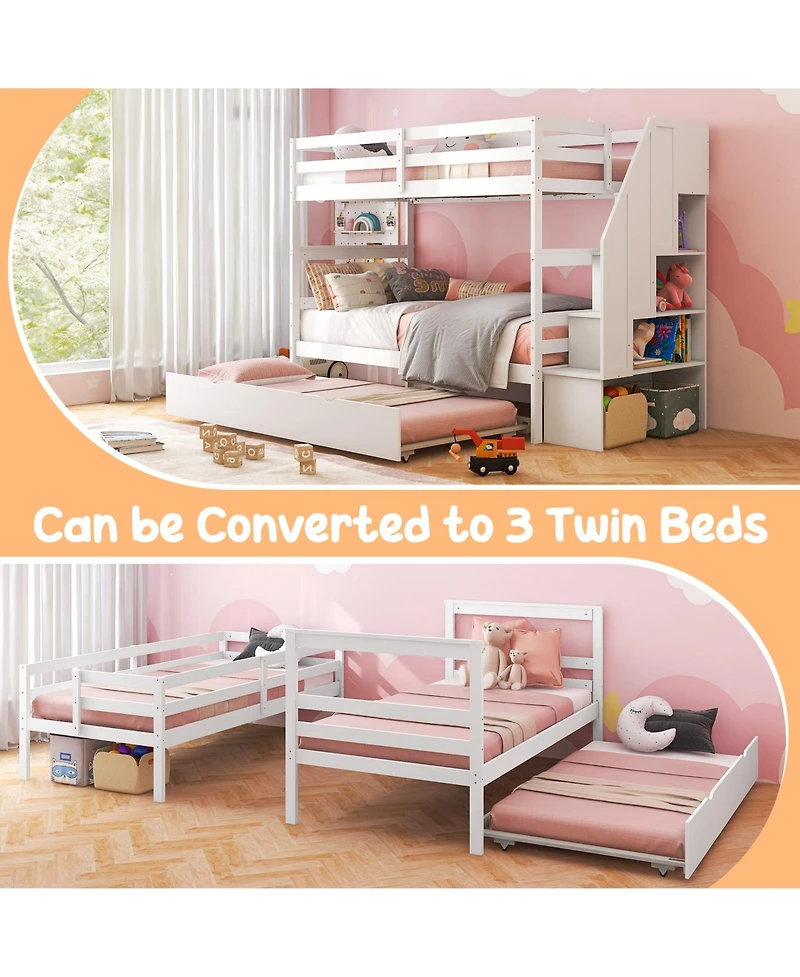 Home Wood Bunk Bed with Guard Rail and 4-step Storage Stairs No Box Spring Needed