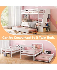 Home Wood Bunk Bed with Guard Rail and 4-step Storage Stairs No Box Spring Needed