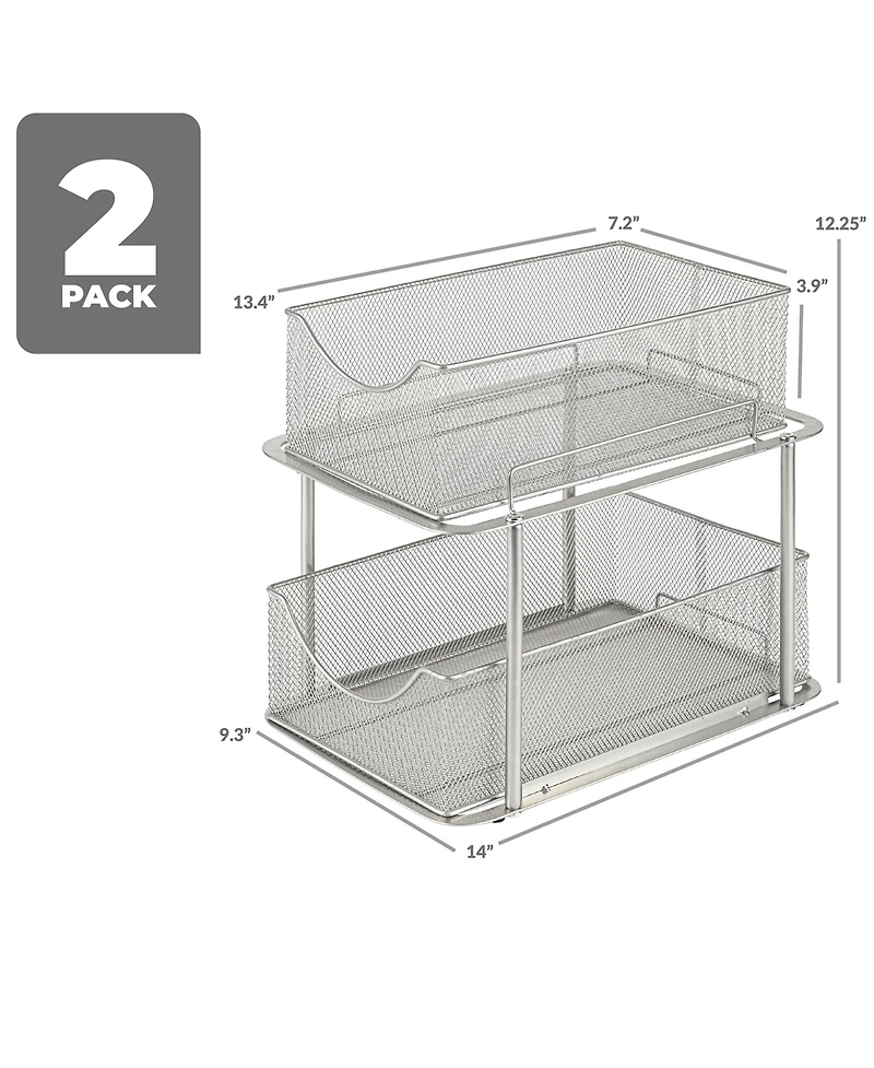 Sorbus 2 Pack 2 Tier Baskets with Mesh Sliding Drawers - Ideal Cabinet, Under the Sink, etc - Great for Bathroom, Kitchen, Office, etc. (Silver