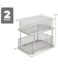 Sorbus 2 Pack 2 Tier Baskets with Mesh Sliding Drawers - Ideal Cabinet, Under the Sink, etc - Great for Bathroom, Kitchen, Office, etc. (Silver