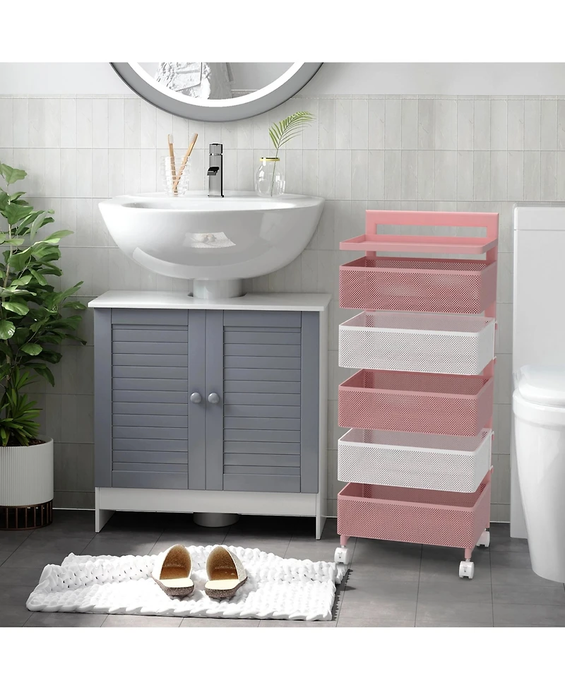 4 Tier Metal Utility Cart with Lockable Wheels, Rotating Shelf Household Organization Rack Corner