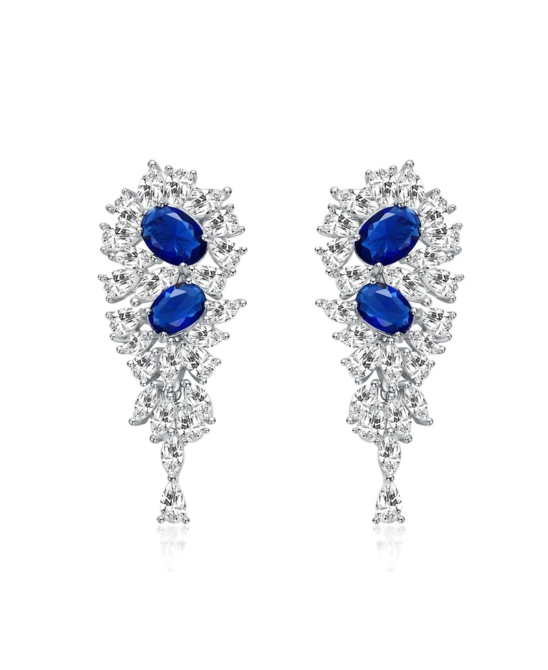 White Gold Plated with Blue Cubic Zirconia Cluster Dangle Earrings