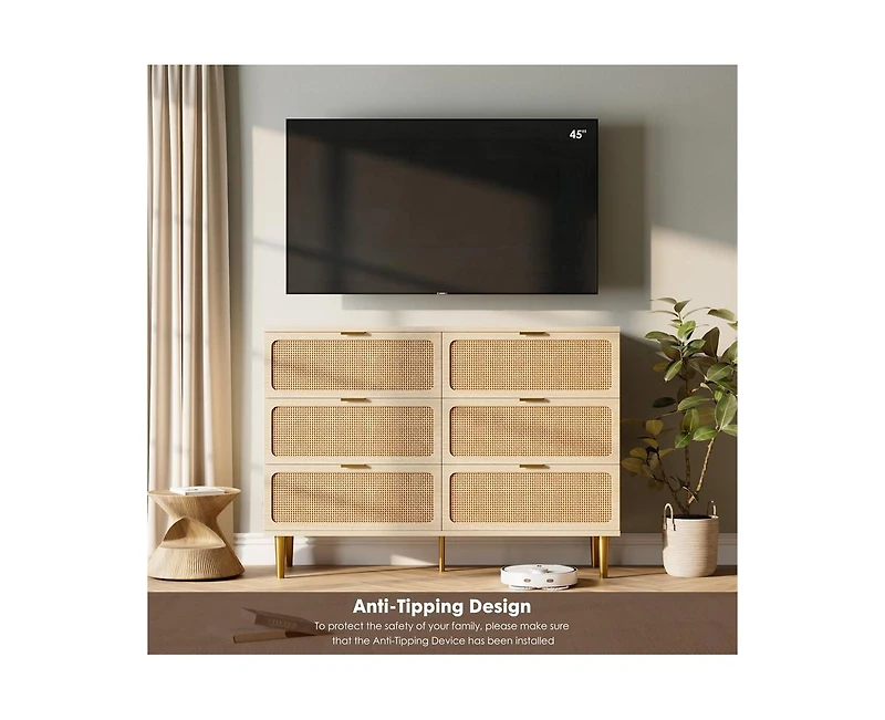 Rattan 6 Drawer Dresser for Bedroom with Wide Top, Large Double Dresser for Closet with Deep Drawers, Wooden Chest of Drawer for Living Room, Entryway