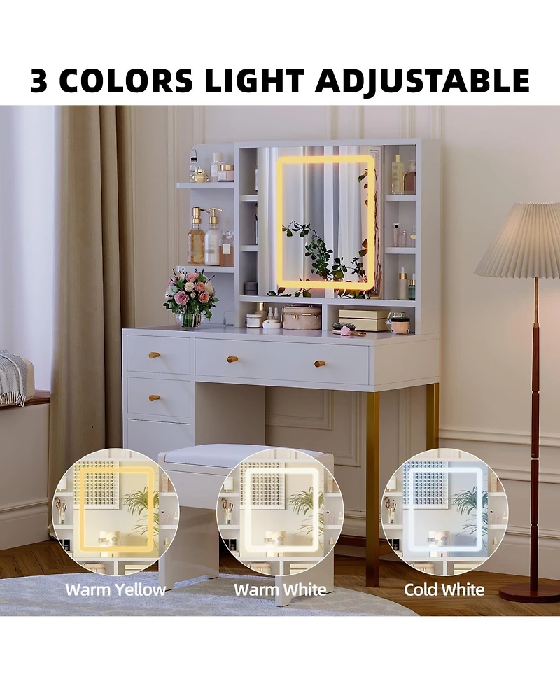 gaomon Vanity Desk with Mirror and Lights, Large Makeup Vanity with Charging Station and Storage Cabinet, 3 Lighting Modes Adjustable, Dressing Table