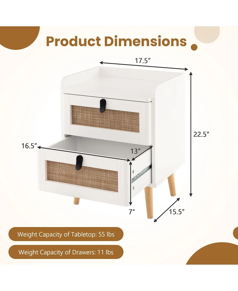 Gouun Modern End Table Bedside Table with 2 Rattan Decorated Drawers