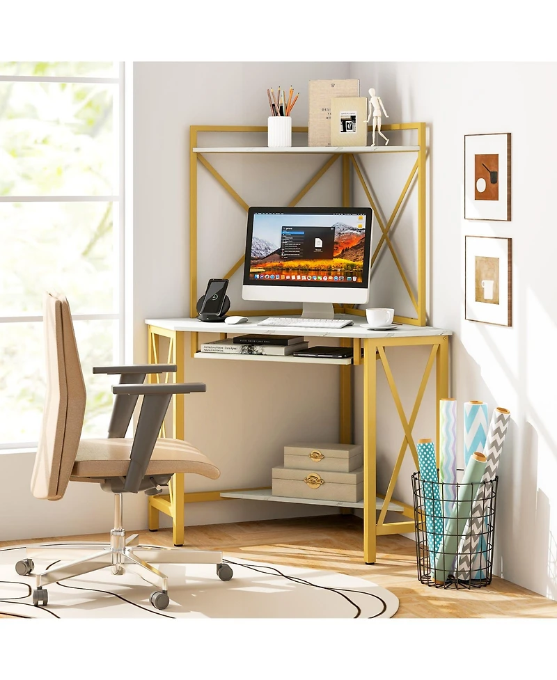 Gouun Space-Saving Corner Computer Desk with with Hutch and Keyboard Tray