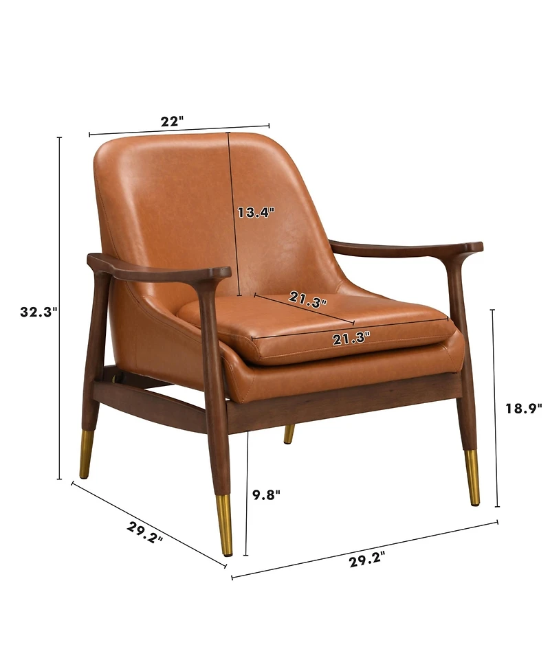Lovmor 9.2'' Mid-Century Faux Leather Accent Chair with Cushioned Seat, Solid Wood Frame, and Brass-Tipped Legs，Brown