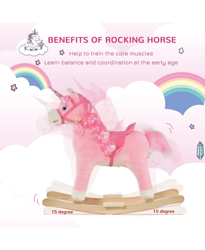 Qaba Kids Rocking Horse, Ride on Unicorn w/ Wooden Base, Tail Wag & Sounds