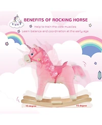 Qaba Kids Rocking Horse, Ride on Unicorn w/ Wooden Base, Tail Wag & Sounds