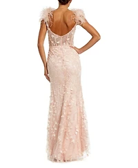 Mac Duggal Women's Sheer Applique Bustier Gown with Feather Straps