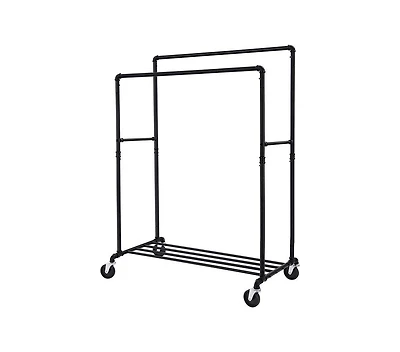 Slickblue Heavy Duty Rustic Pipe Double-Rail Clothes Garment Rack w/ Locking Wheels