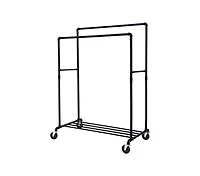Slickblue Heavy Duty Rustic Pipe Double-Rail Clothes Garment Rack w/ Locking Wheels