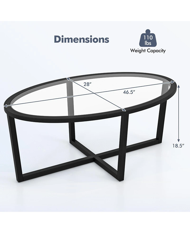 Gouun Glass Table Oval Living Room Table with Cross Base and Acacia Wood Legs