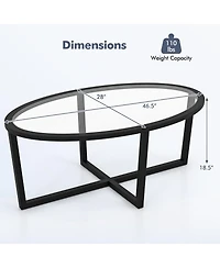 Gouun Glass Table Oval Living Room Table with Cross Base and Acacia Wood Legs