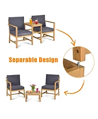 Gymax 3 in 1 Acacia Wood Furniture Set Patio Outdoor w/ Cushion Coffee Table