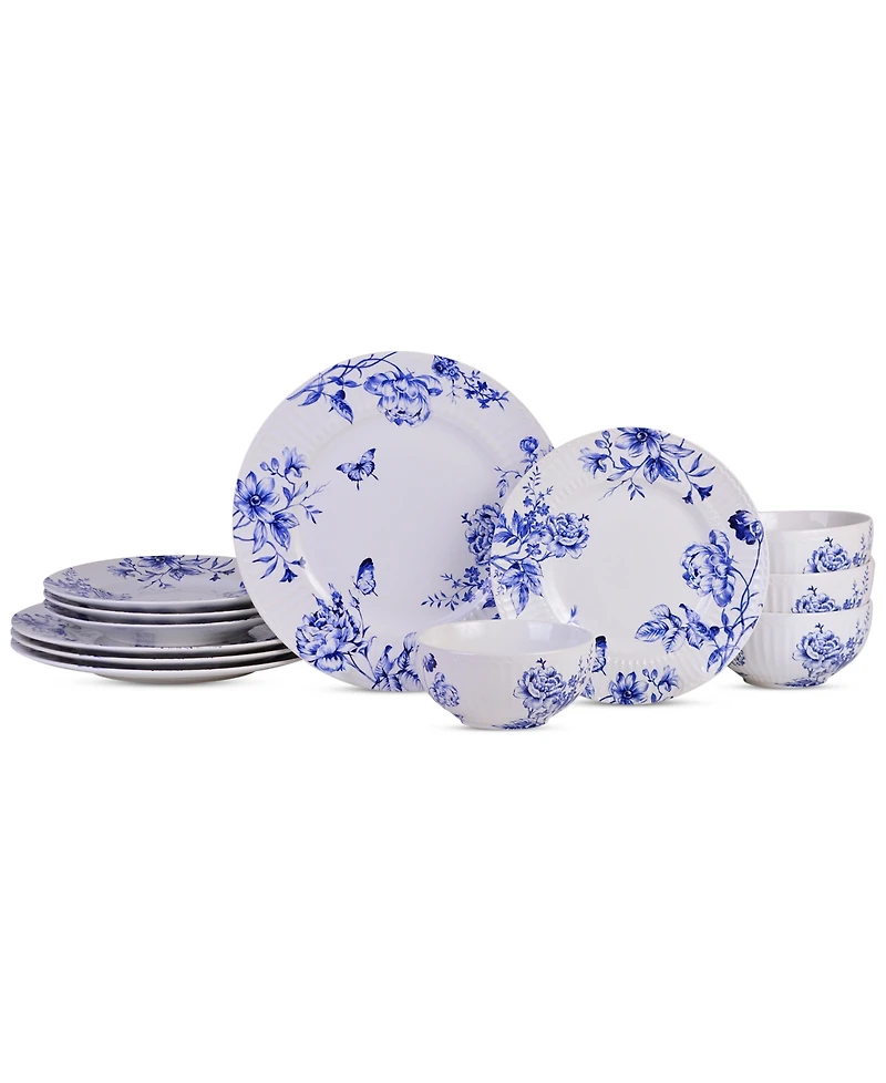 222 Fifth Cassian Embossed Toile Blue Porcelain 12 Pc. Dinnerware Set, Service for 4
