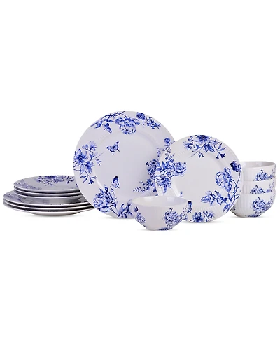222 Fifth Cassian Embossed Toile Blue Porcelain 12 Pc. Dinnerware Set, Service for 4