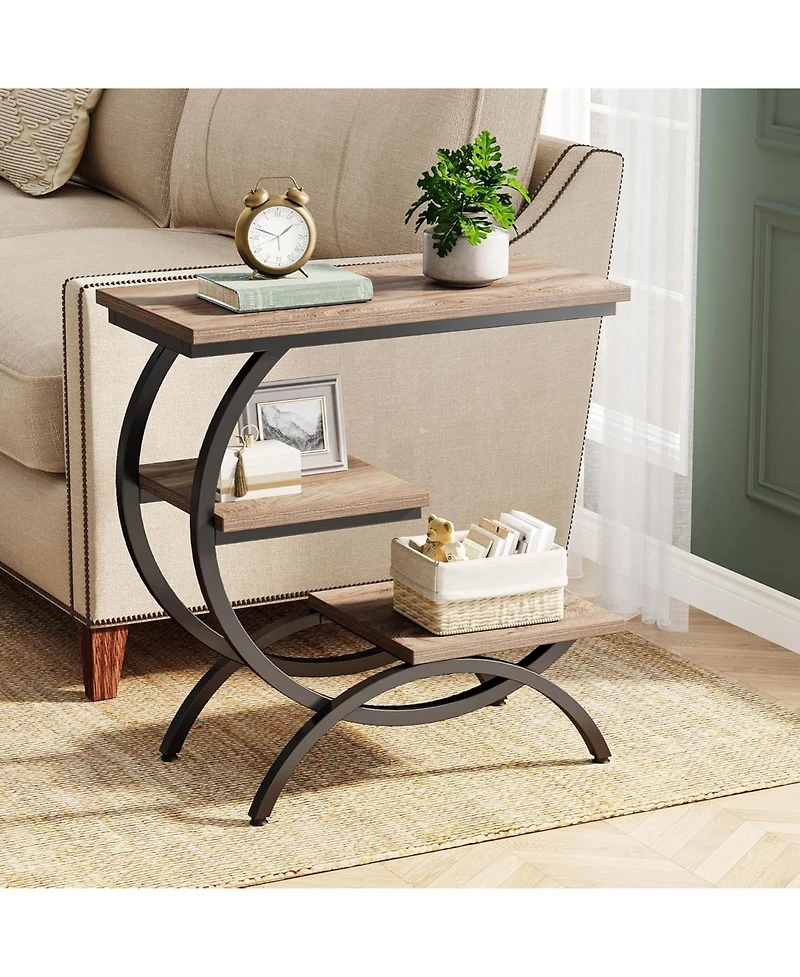 Tribesigns C-Shaped End Table Set of 2, Industrial 3-Tier Small Side for Couch, Wood Bedside Snack with Storage Shelves Liv