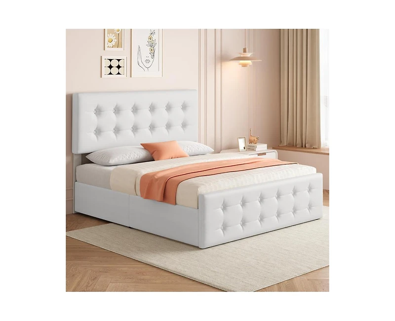 gaomon Full Size Bed Frame with 4 Storage Drawers and Headboard, Faux Leather Upholstered Platform Bed Frame with Wooden Slats Support