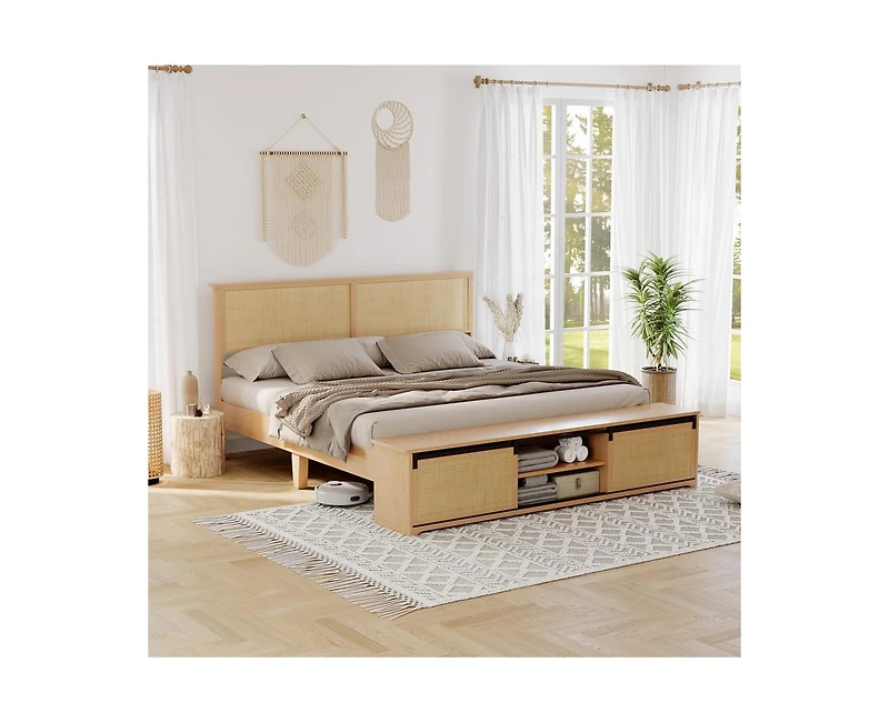 gaomon Natural Rattan Full Size Bed Frame with Sliding Barn Door Storage Cabinets and Headboard, Boho Farmhouse Wood Platform Bed with Solid Wood Legs