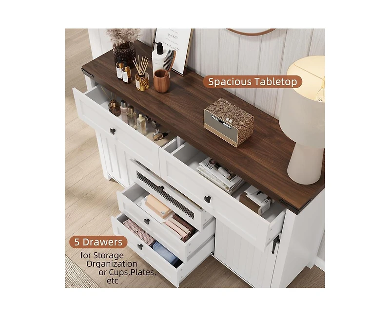 gaomon Farmhouse Buffet Cabinet, Sideboard Storage Cabinet with 5 Drawers and Sliding Barn Doors