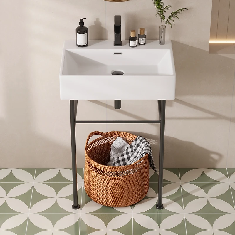 DeerValley Ceramic White Rectangular Single Faucet Hole 24 in Console Bathroom Sink with Overflow
