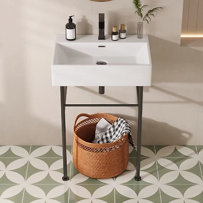 DeerValley Ceramic White Rectangular Single Faucet Hole 24 in Console Bathroom Sink with Overflow