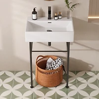 DeerValley Ceramic White Rectangular Single Faucet Hole 24 in Console Bathroom Sink with Overflow