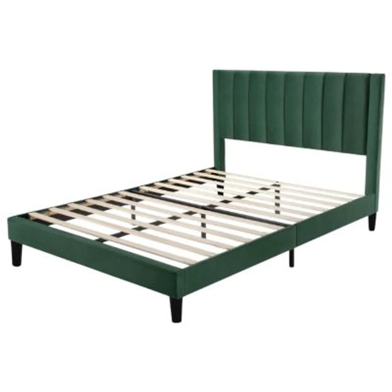 Velvet Platform Bed Frame With Headboard X2013 Soft Upholstery Wood Slats Durable Structure For Home Bedroom