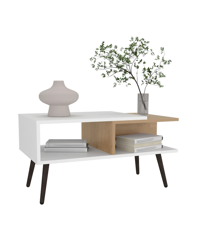 Drexel Coffee Table, 2 Shelves, 4 legs, White / Natural Oak
