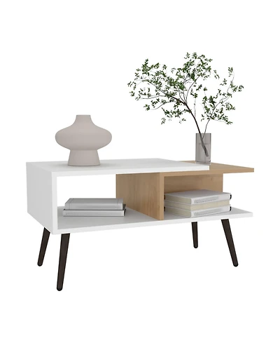 Drexel Coffee Table, 2 Shelves, 4 legs, White / Natural Oak