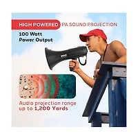 Pyle 100-Watt Hand-Grip Megaphone with Siren, MP3/Aux Input, Rechargeable Battery, Lightweight Black Bullhorn