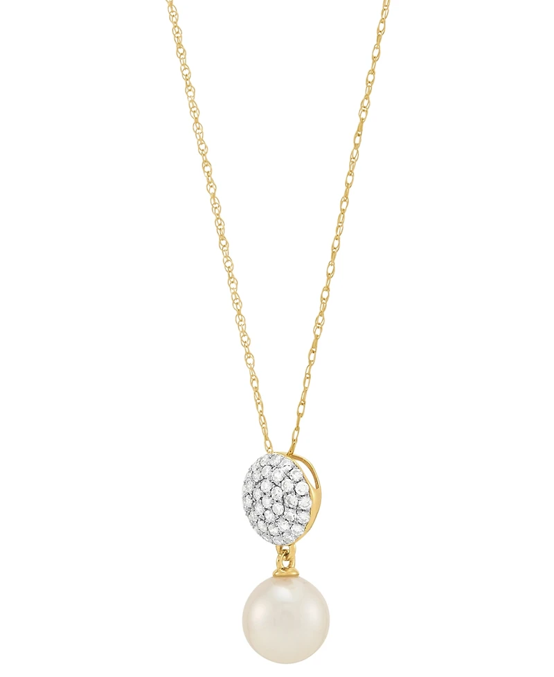 Honora Cultured Freshwater Pearl (7-1/2mm) & Diamond (1/4 ct. t.w.) Cluster Drop 18" Pendant Necklace in 14k Gold