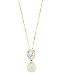 Honora Cultured Freshwater Pearl (7-1/2mm) & Diamond (1/4 ct. t.w.) Cluster Drop 18" Pendant Necklace in 14k Gold