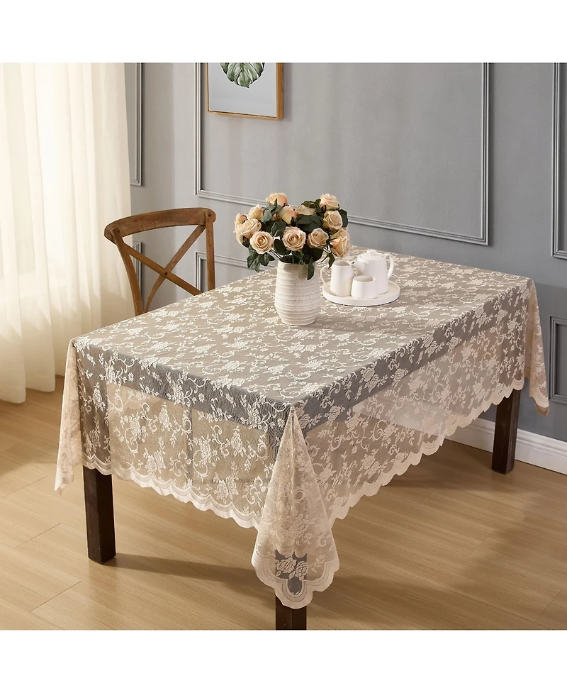 Hlc.me Harper Floral Lace Fabric Tablecloth, Lace Fabric Table Cloth for Rectangle Tables, Wrinkle Resistant Tablecloth, Patterned Scalloped Tableclot