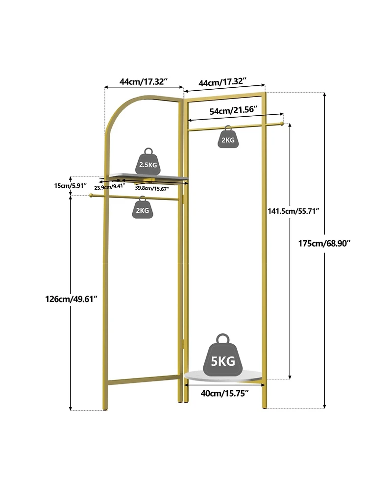 Unho Gold Metal Corner Coat Rack: Garment Rack with 2 Shelves Storage Hanging Clothes