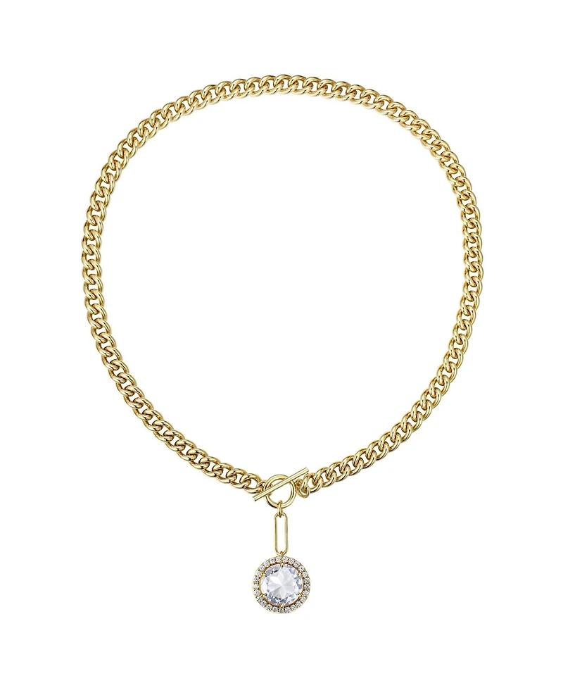 14k Gold Plated with Clear Cubic Zirconia Halo Drop Curb Chain Necklace