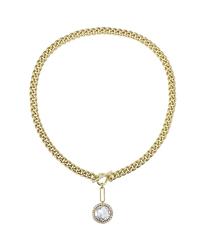 14k Gold Plated with Clear Cubic Zirconia Halo Drop Curb Chain Necklace